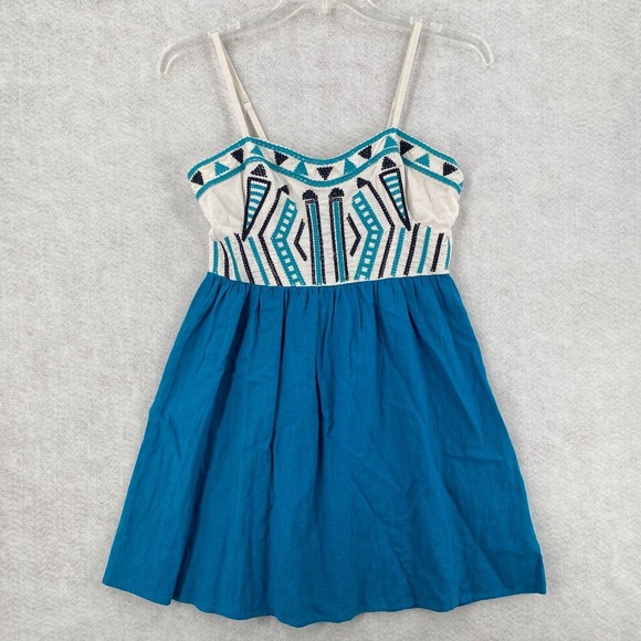 Staring‎ At Stars Anthropoligie Dress Women 4 Sleeveless Aztec Boho Mini Linen - Picture 2 of 16